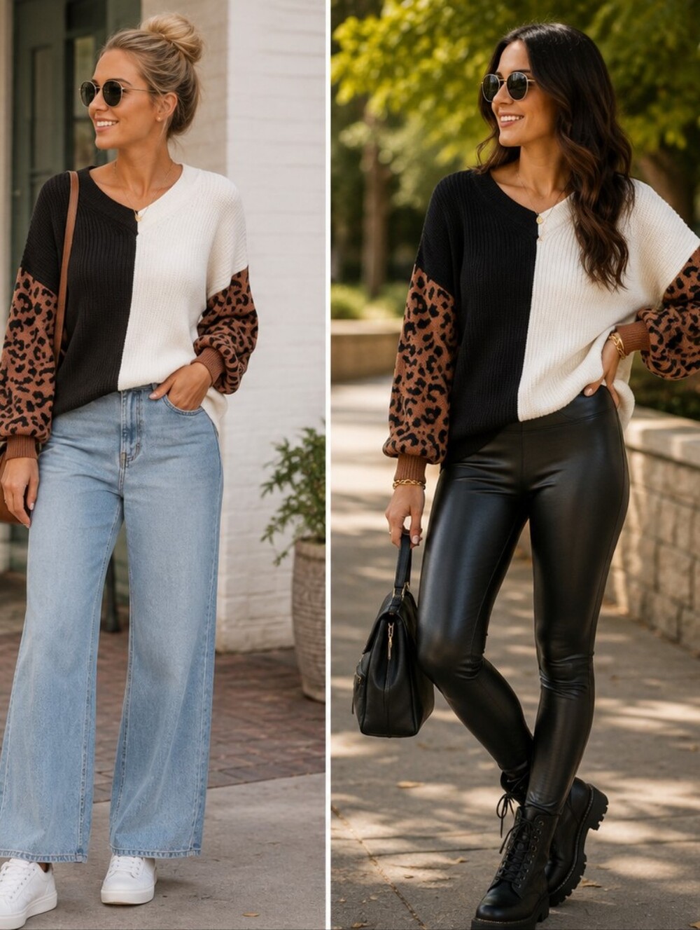 V-Neck Long Baggy Sleeves Knit Pullovers Sweaters Symmetrical Color Bloc